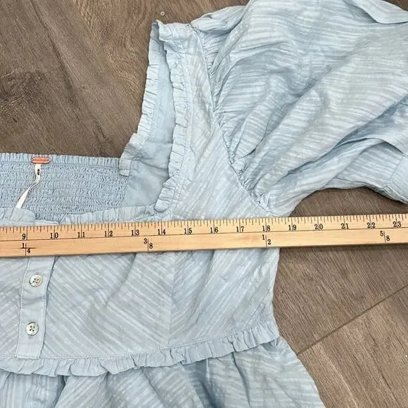 Free People Size Large Leave It To Me Powdered Blue Top Smocked Puff Sleeve NWOT - Picture 11 of 11